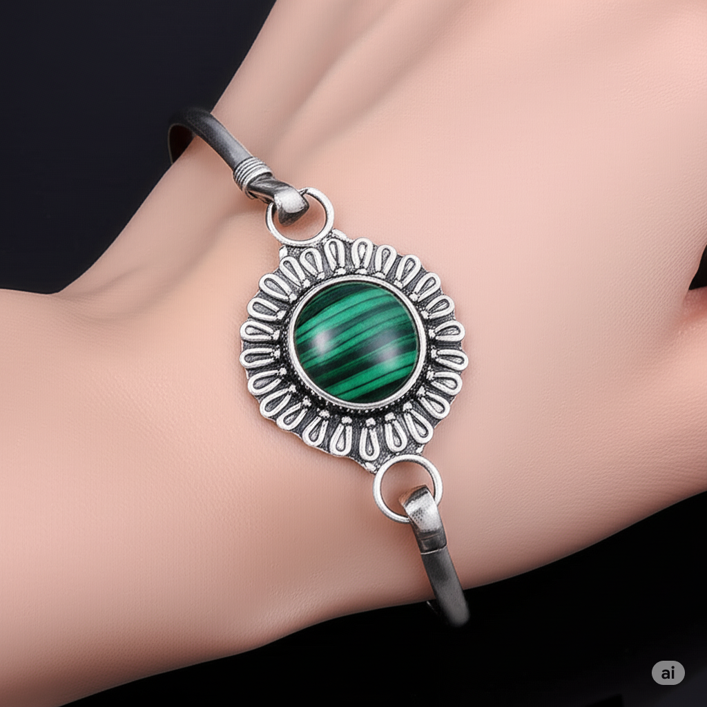 925 Silver Adjustable bangle With Malachite Stone. Made With 925 Silver/ Stamped with 925