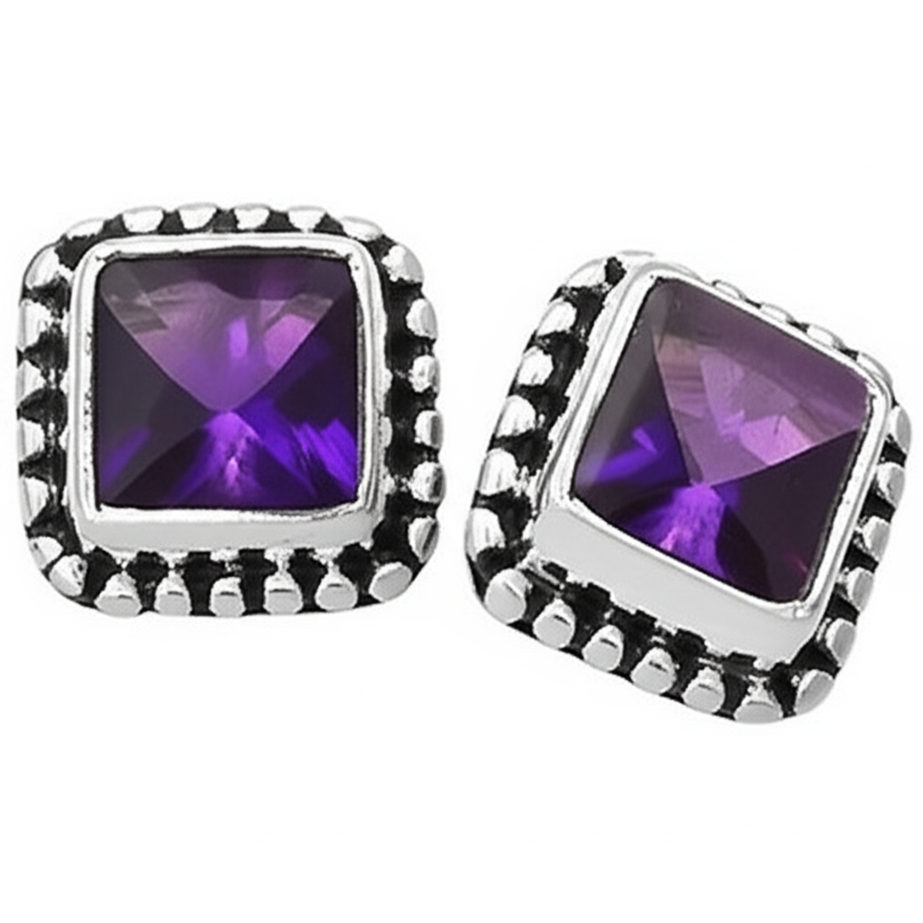 Amethyst and Sterling Silver Studs. Made With 925 Silver/ Stamped with 925