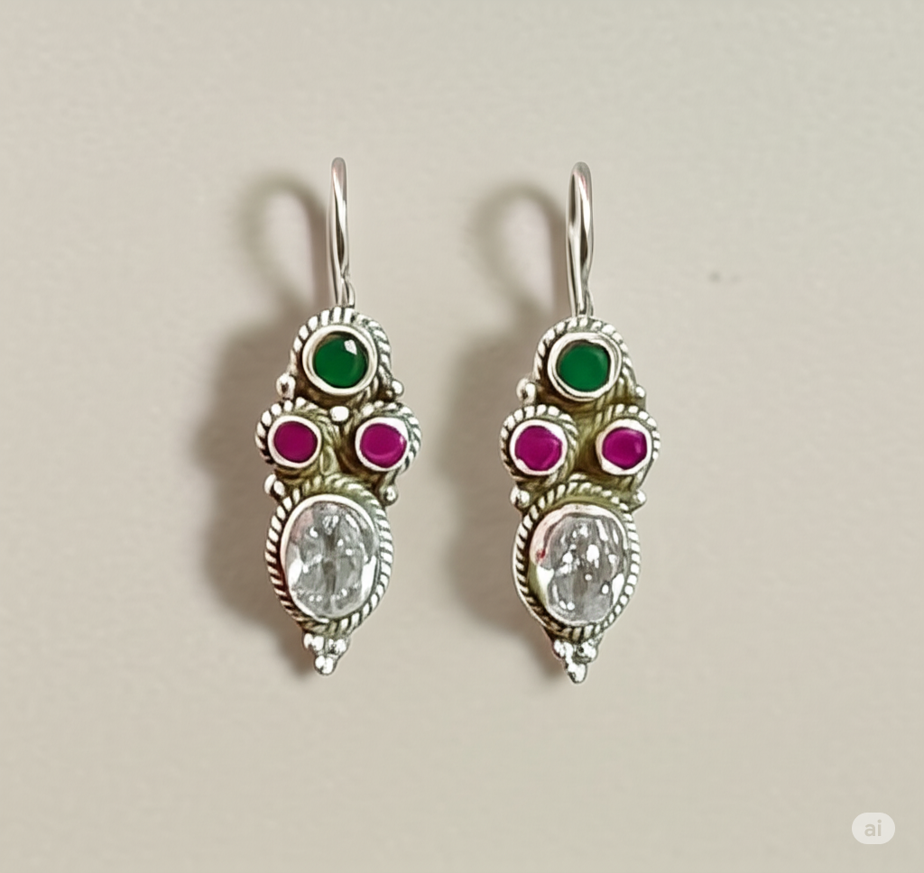 925 Silver Earrings With Mixed Stones. Made With 925 Silver/ Stamped with 925