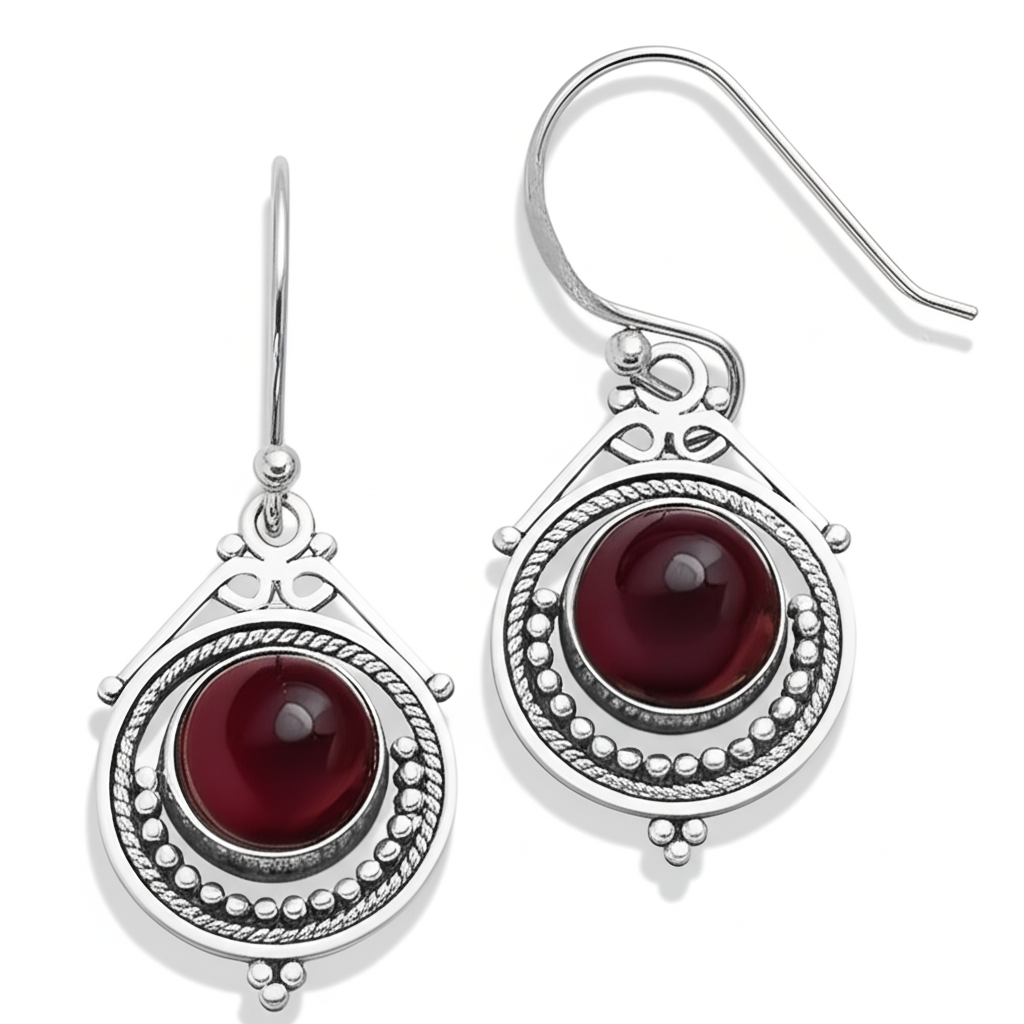 Exquisite Sterling Silver & Garnet Dangle Earrings. Made With 925 Silver/ Stamped with 925