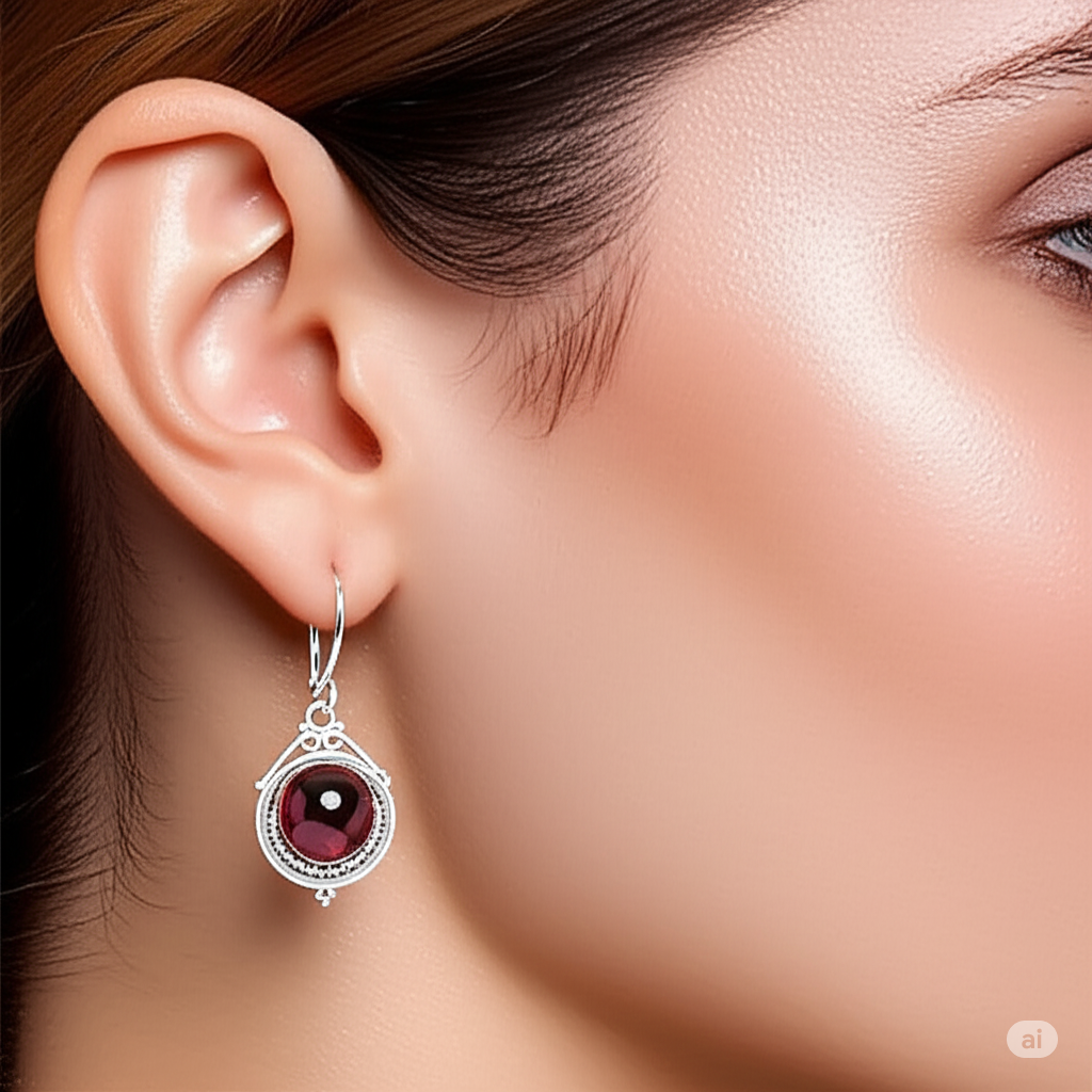 Exquisite Sterling Silver & Garnet Dangle Earrings. Made With 925 Silver/ Stamped with 925