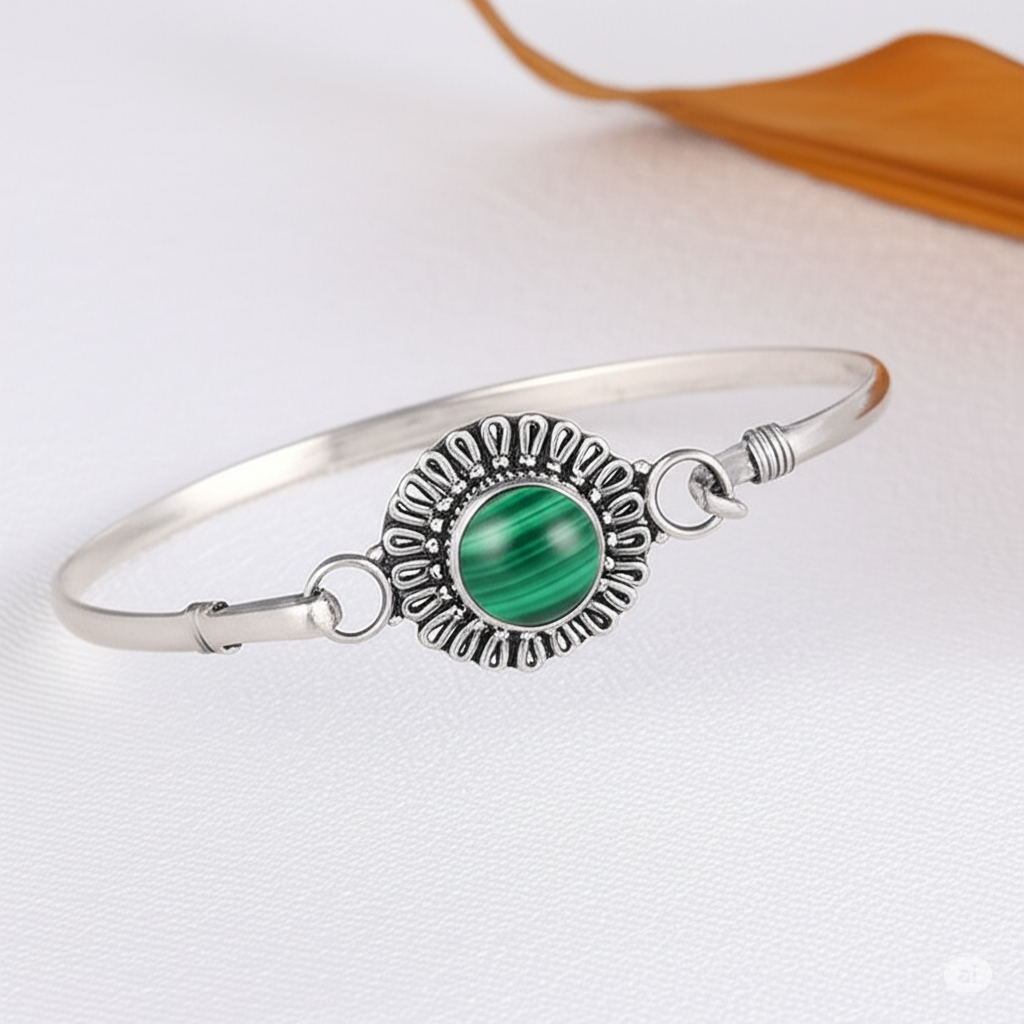 925 Silver Adjustable bangle With Malachite Stone. Made With 925 Silver/ Stamped with 925