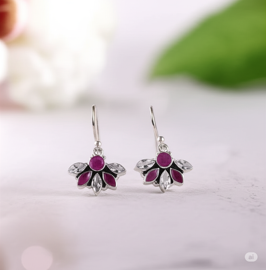 925 Silver Drop Earrings Decked Up With Zirconia & Garnet Stones. Made With 925 Silver/ Stamped with 925