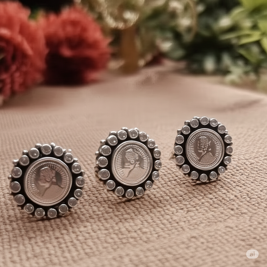 Vintage Grandeur: 925 Sterling Silver Victorian Coin Earring and Adjustable Ring Set. Made With 925 Silver/ Stamped with 925