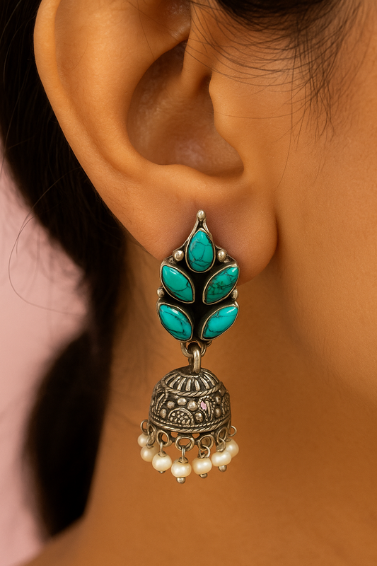 925 Silver Oxidized Jhumke Studded With Turquoise Stone. Made With 925 Silver/ Stamped with 925