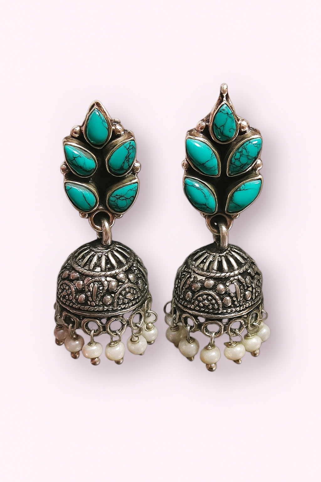 925 Silver Oxidized Jhumke Studded With Turquoise Stone. Made With 925 Silver/ Stamped with 925