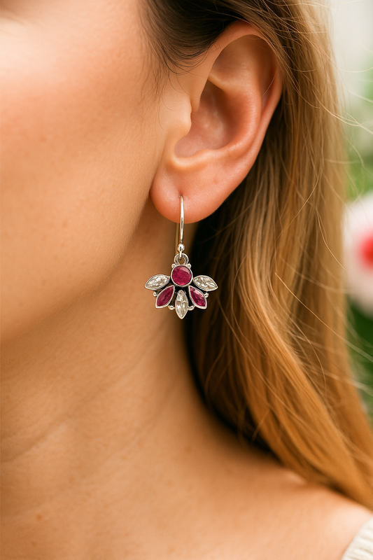 925 Silver Drop Earrings Decked Up With Zirconia & Garnet Stones. Made With 925 Silver/ Stamped with 925
