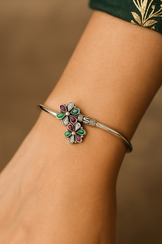 Sterling Silver Adjustable Bangle Studded With Multiple Stones. Made With 925 Silver/ Stamped with 925