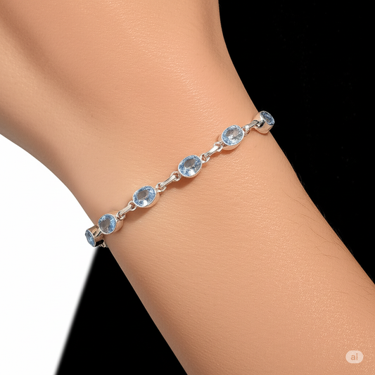 Elegant Blue Topaz 925 Sterling Silver Bracelet. Made With 925 Silver/ Stamped with 925