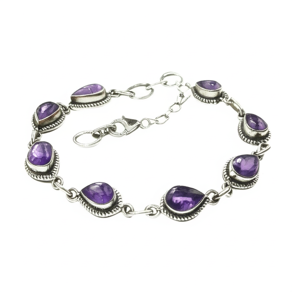 Elegant Sterling Silver Bracelet With Amethyst Gemstones. Made With 925 Silver/ Stamped with 925
