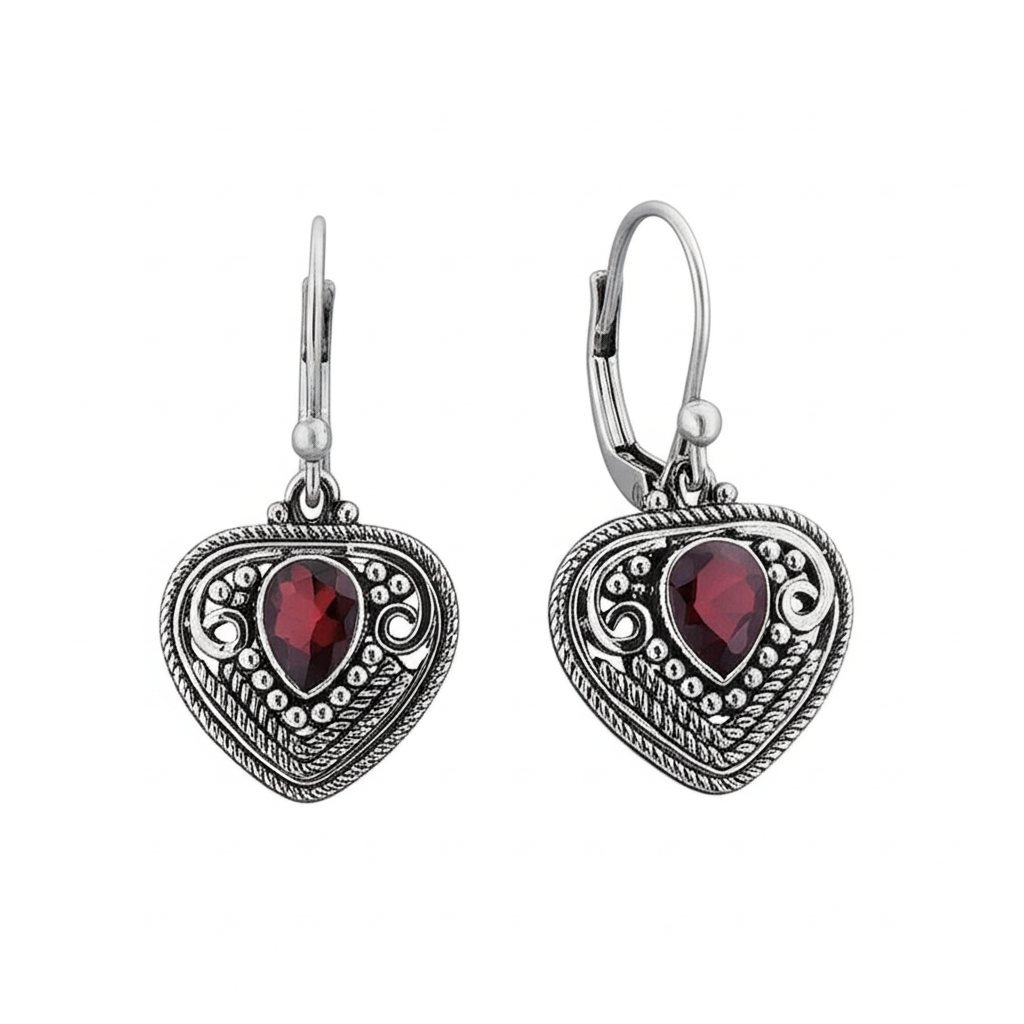 Garnet Silver Heart Dangle Earrings. Made With 925 Silver/ Stamped with 925