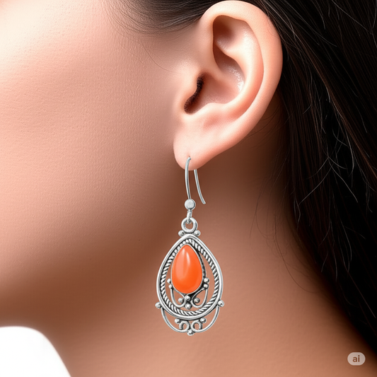 Exquisite Sterling Silver Dangle Earrings Featuring Vibrant Carnelian Stone. Made With 925 Silver/ Stamped with 925