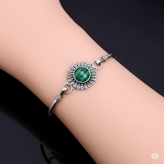 925 Silver Adjustable bangle With Malachite Stone. Made With 925 Silver/ Stamped with 925