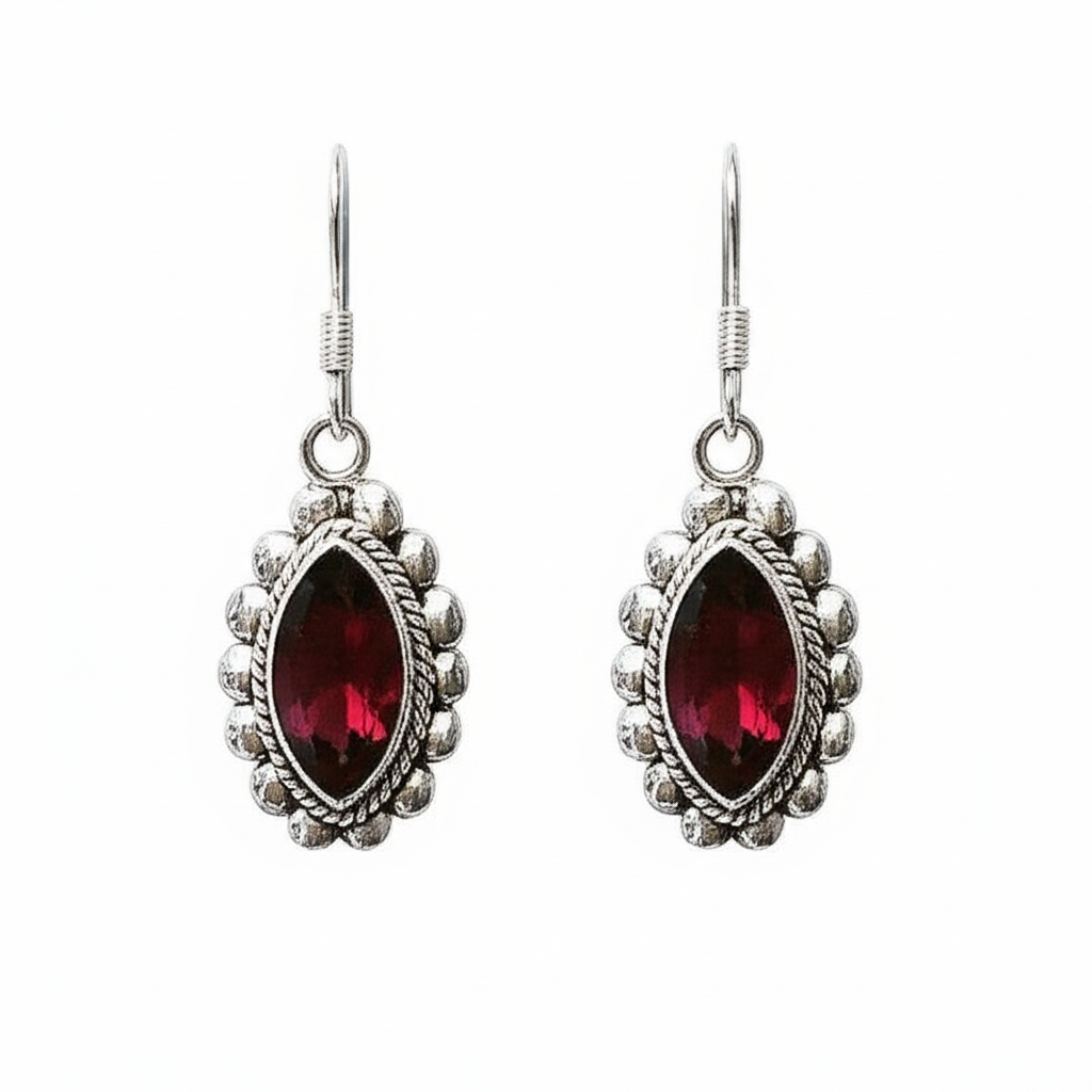 Exquisite Sterling Silver Dangler Earrings with Marquise Garnet. Made With 925 Silver/ Stamped with 925