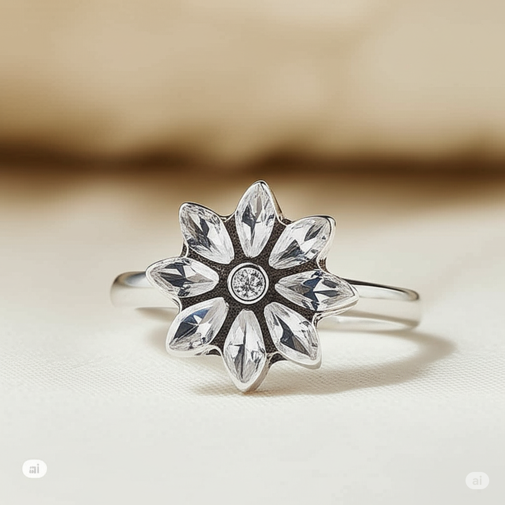 925 Silver Flower Shaped Adjustable Ring Studded With White Zirconia Stones. Made With 925 Silver/ Stamped with 925