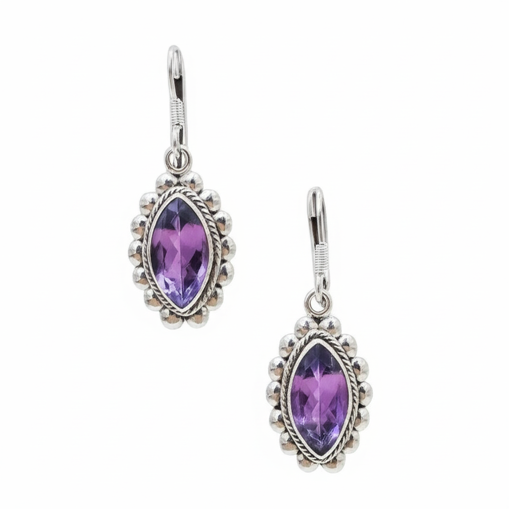 Majestic Amethyst Marquise Sterling Silver Earrings. Made With 925 Silver/ Stamped with 925