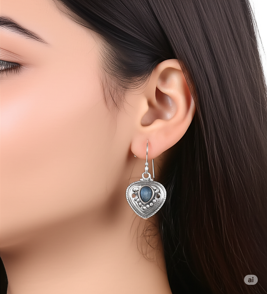 925 Silver Heart Dangle Earrings With  Labradorite. Made With 925 Silver/ Stamped with 925