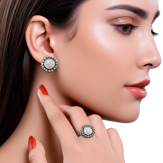 Vintage Grandeur: 925 Sterling Silver Victorian Coin Earring and Adjustable Ring Set. Made With 925 Silver/ Stamped with 925