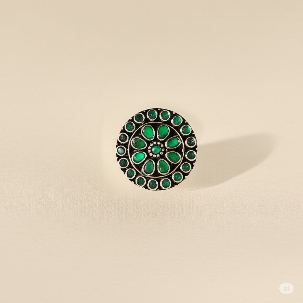 925 Sterling Silver Round Floral Chunky Ring Studded With Green Onyx Stones. Made With 925 Silver/ Stamped with 925
