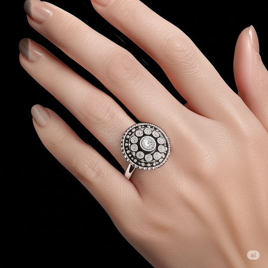 925 Silver Round Ring Studded With White Zirconia Stones. Made With 925 Silver/ Stamped with 925