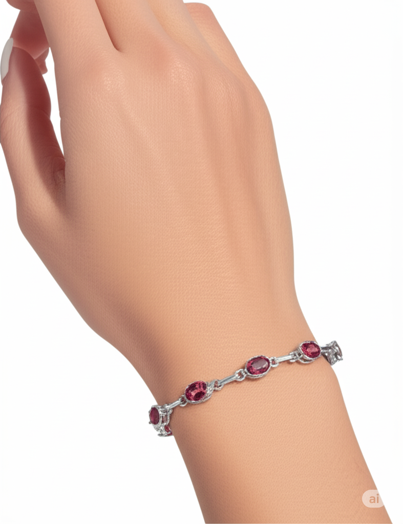 925 Sterling Silver Bracelet with Oval Garnet Gemstones. Made With 925 Silver/ Stamped with 925