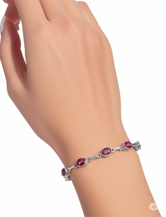 925 Sterling Silver Bracelet with Oval Garnet Gemstones. Made With 925 Silver/ Stamped with 925