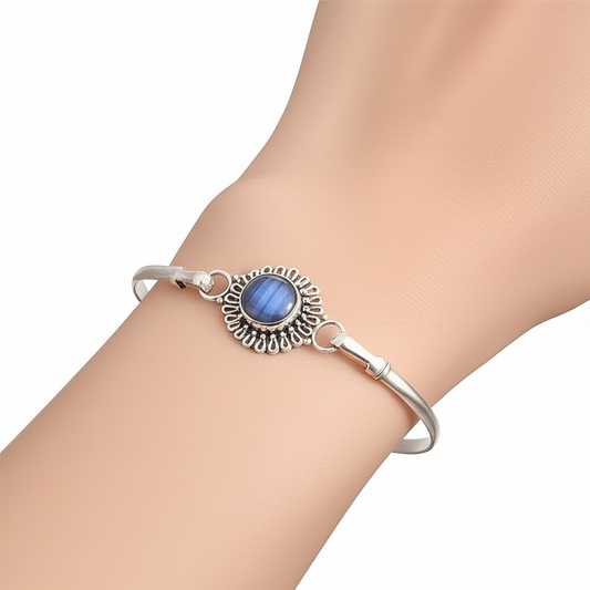 925 Silver Adjustable Bangle With Labradorite Stone. Made With 925 Silver/ Stamped with 925
