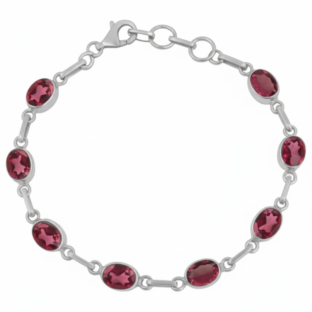 925 Sterling Silver Bracelet with Oval Garnet Gemstones. Made With 925 Silver/ Stamped with 925