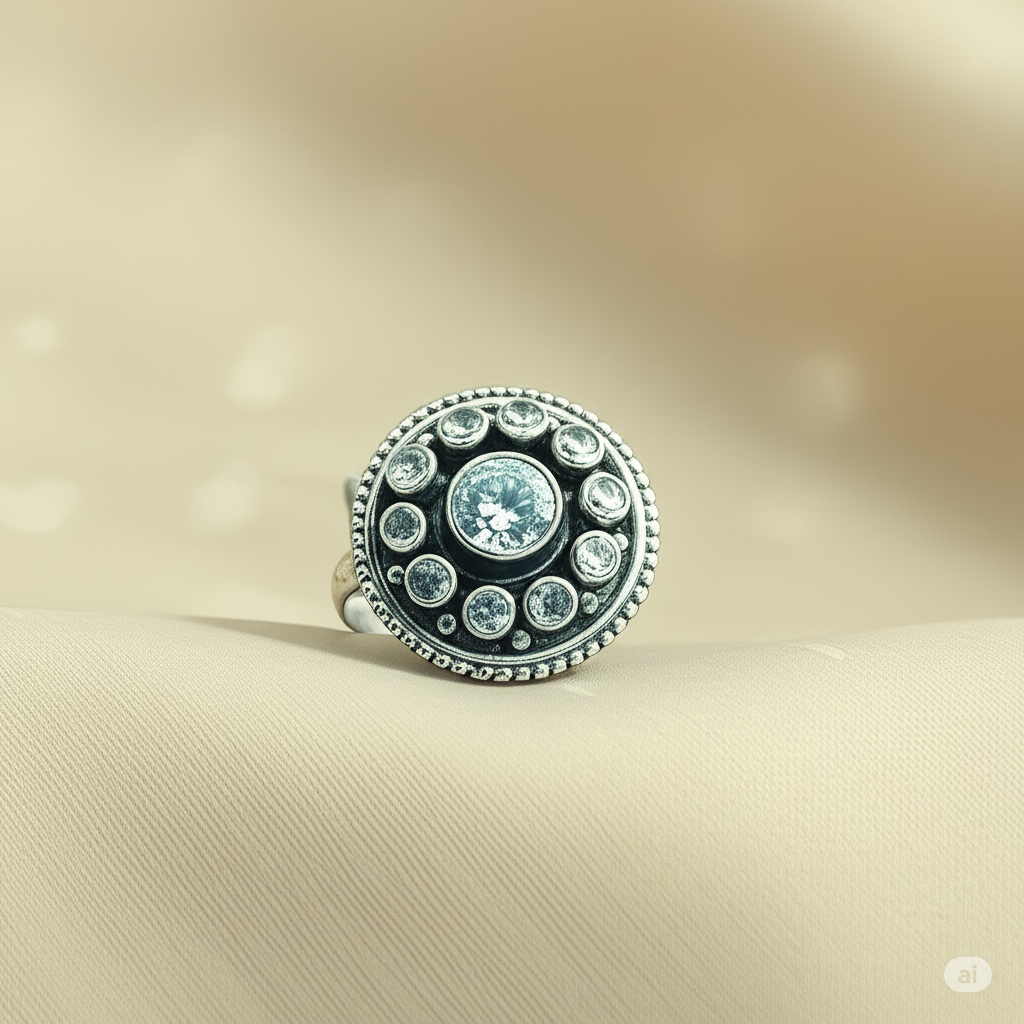 925 Silver Round Ring Studded With White Zirconia Stones. Made With 925 Silver/ Stamped with 925