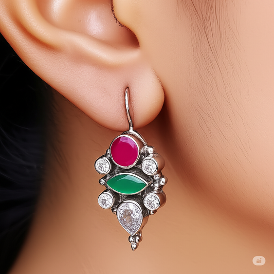 925 Silver Earrings Adorned With Zirconia, Garnet & Onyx Stones. Made With 925 Silver/ Stamped with 925