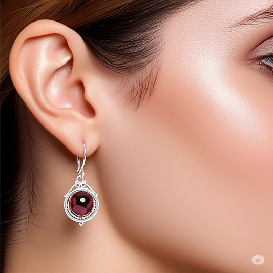 Exquisite Sterling Silver & Garnet Dangle Earrings. Made With 925 Silver/ Stamped with 925