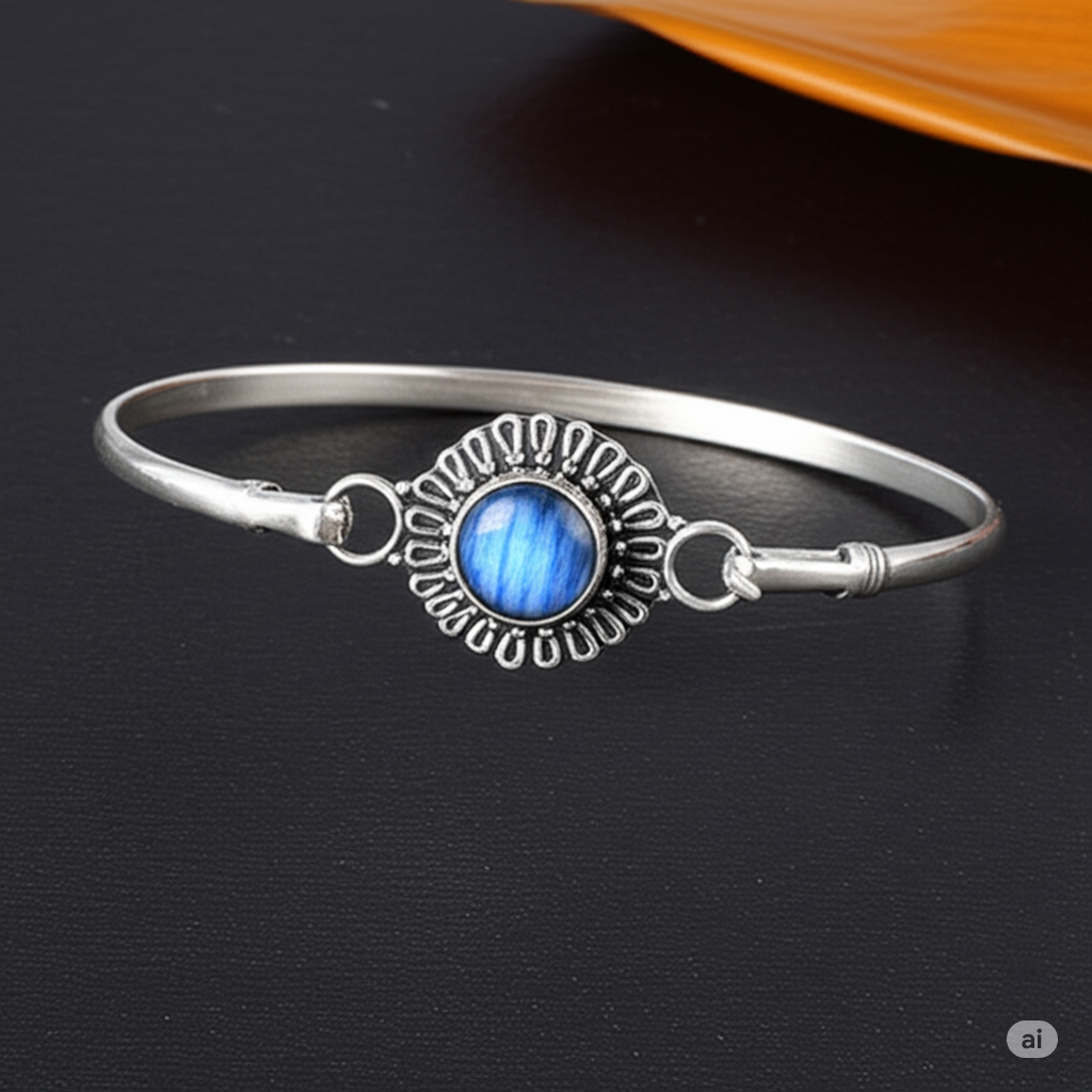 925 Silver Adjustable Bangle With Labradorite Stone. Made With 925 Silver/ Stamped with 925