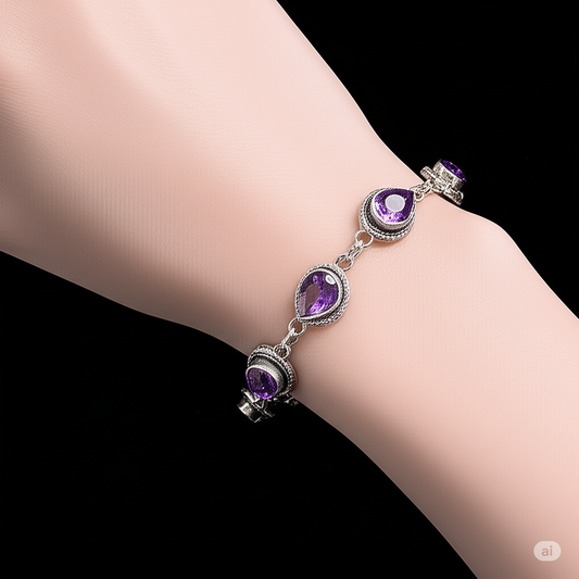 Elegant Sterling Silver Bracelet With Amethyst Gemstones. Made With 925 Silver/ Stamped with 925