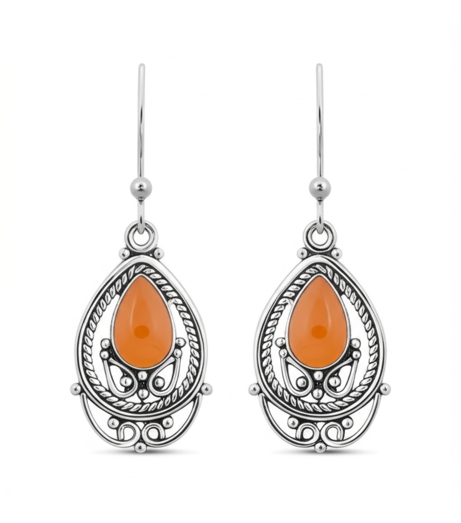 Exquisite Sterling Silver Dangle Earrings Featuring Vibrant Carnelian Stone. Made With 925 Silver/ Stamped with 925