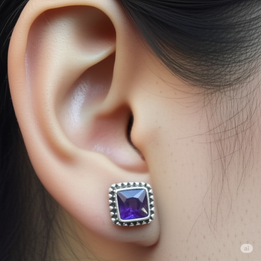 Amethyst and Sterling Silver Studs. Made With 925 Silver/ Stamped with 925