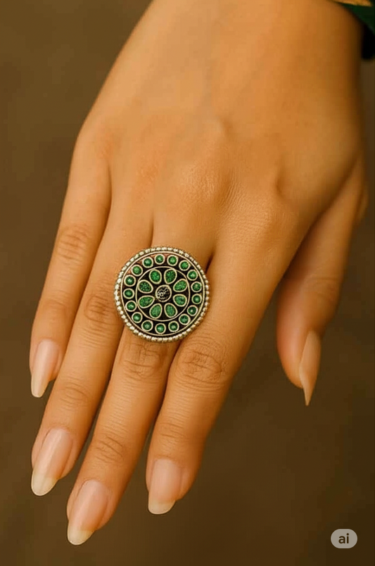 925 Sterling Silver Round Floral Chunky Ring Studded With Green Onyx Stones. Made With 925 Silver/ Stamped with 925