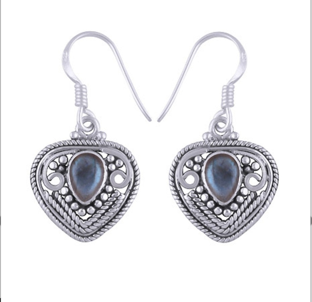 925 Silver Heart Dangle Earrings With  Labradorite. Made With 925 Silver/ Stamped with 925