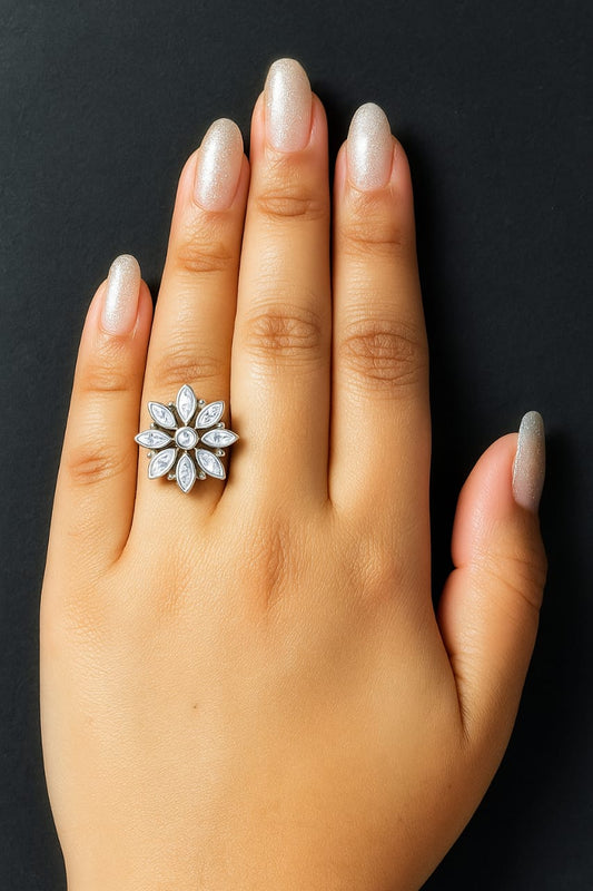 925 Silver Flower Shaped Adjustable Ring Studded With White Zirconia Stones. Made With 925 Silver/ Stamped with 925