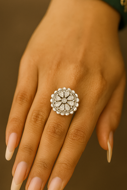 925 Silver Round Floral Ring Studded With White Zirconia Stone. Made With 925 Silver/ Stamped with 925