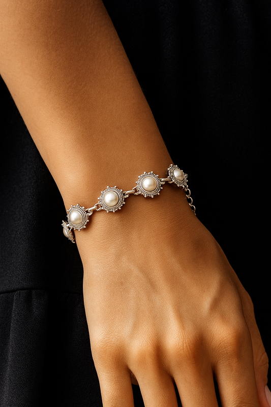 925 Silver Bracelet Sparkled With White Pearls. Made With 925 Silver/ Stamped with 925
