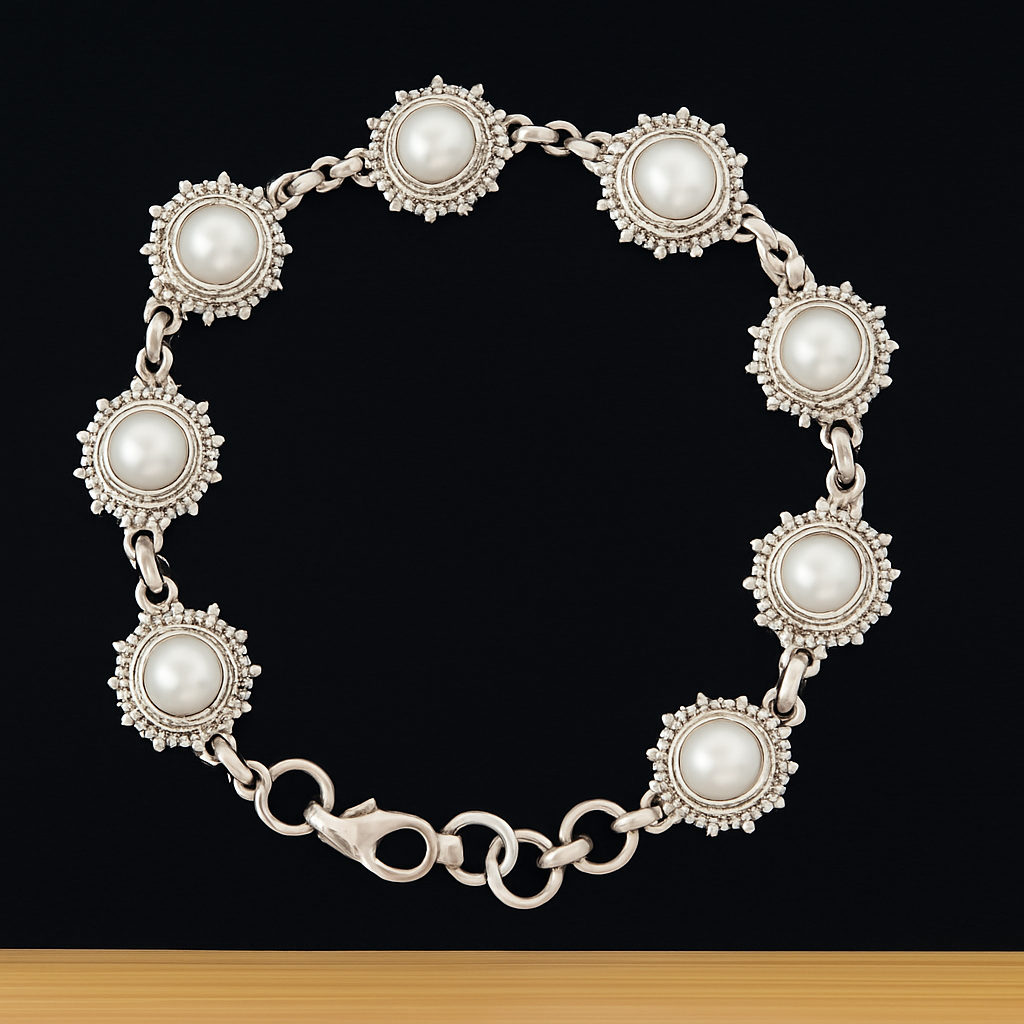 925 Silver Bracelet Sparkled With White Pearls. Made With 925 Silver/ Stamped with 925